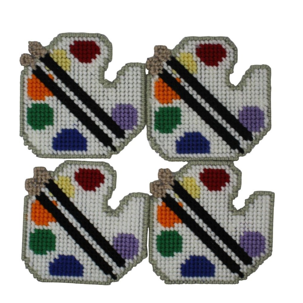 Handmade Artist Color Palette Stitched Yarn Needlepoint Plastic Canvas Coasters - Picture 1 of 3